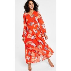 Bar III V-Neck Maxi Dress Tie at Waist Wrap Dress, Orange, Size XS